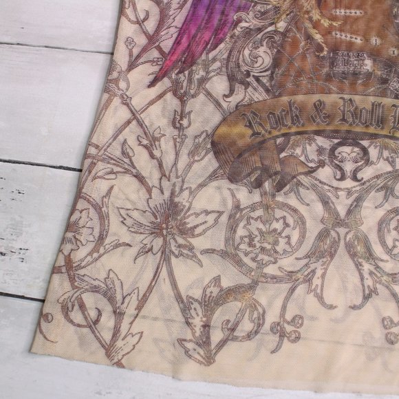 Vintage Womens Graphic Mesh T Shirt Top Size L Tattoo Art Guitar Wings - Picture 5 of 7